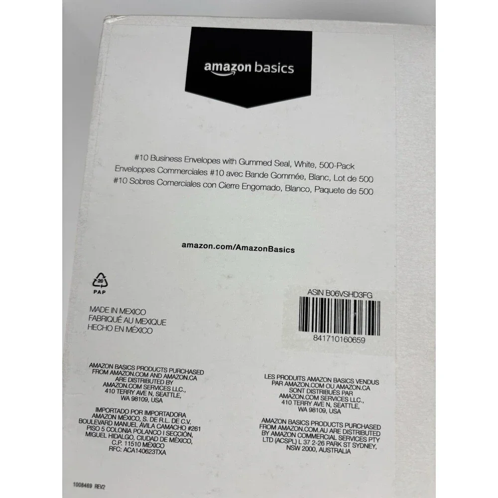Amazon Basics #10 Business Envelopes Gummed Seal White 500 Pack No Tint NEW